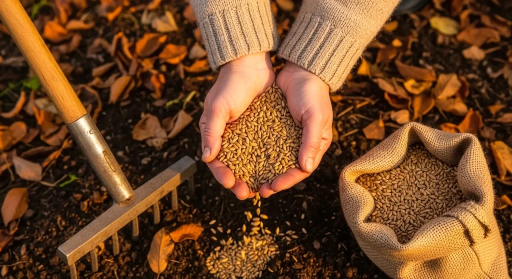 Gardener sowing a late spring cover crop in Australia