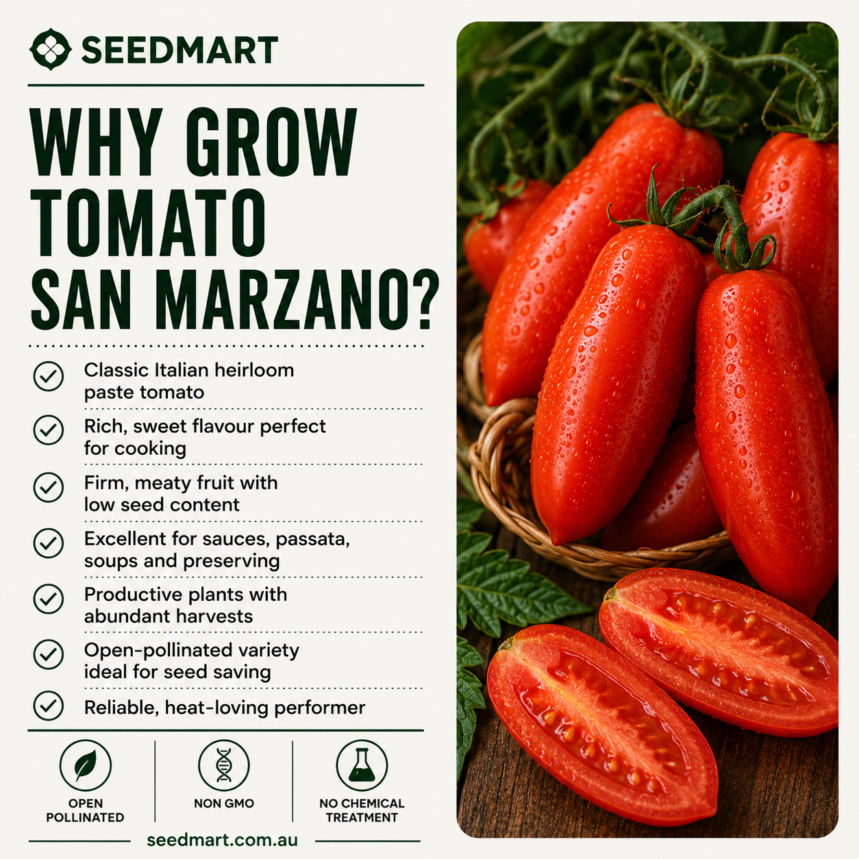 Seedmart poster promoting San Marzano tomatoes, with bullet benefits beside a basket of red tomatoes on the right.