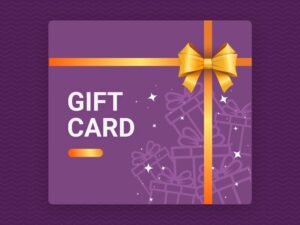 Purple gift card with an orange ribbon and bow, reading GIFT CARD on the left, decorative gifts on the right against a wavy-pattern background.