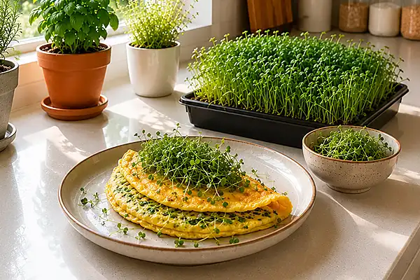 Broccoli microgreens served with an omelette