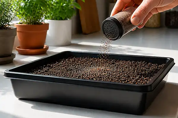 Sprinkling broccoli microgreen seeds evenly over the growing medium