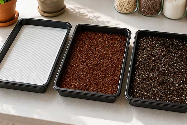 Growing mediums for broccoli microgreens including mats and soil-based options