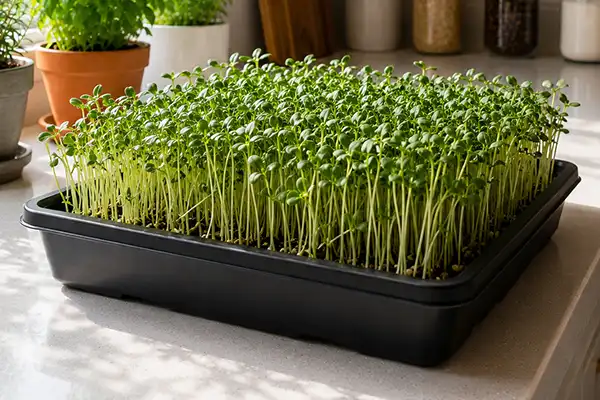 Tray of broccoli microgreens growing after germination
