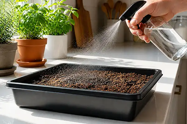 Misting broccoli microgreen seeds with a spray bottle
