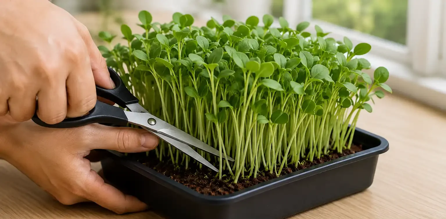 Person trimming microgreens with scissors over a black tray for harvest.