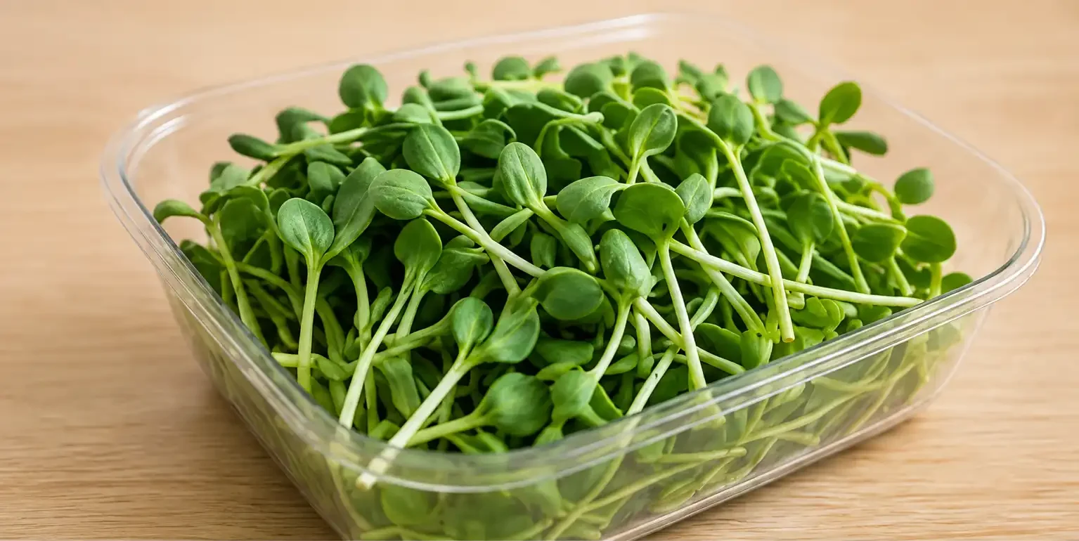 Fresh microgreens in a clear plastic container on a wooden surface.