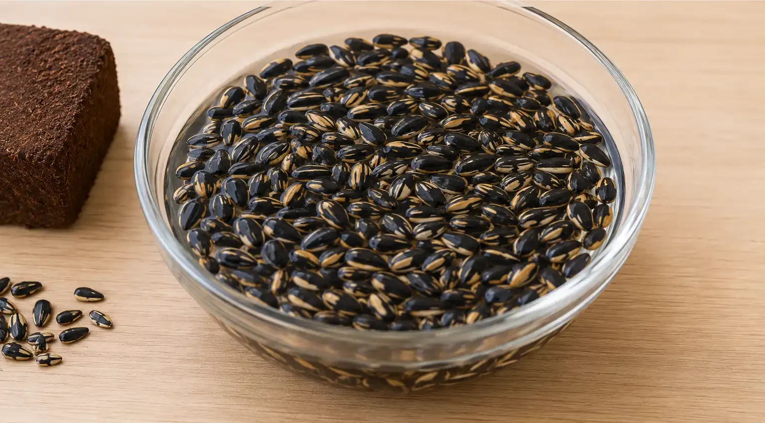 Step 2: soak sunflower seeds in water in a glass bowl for about 8 hours, with bread nearby.