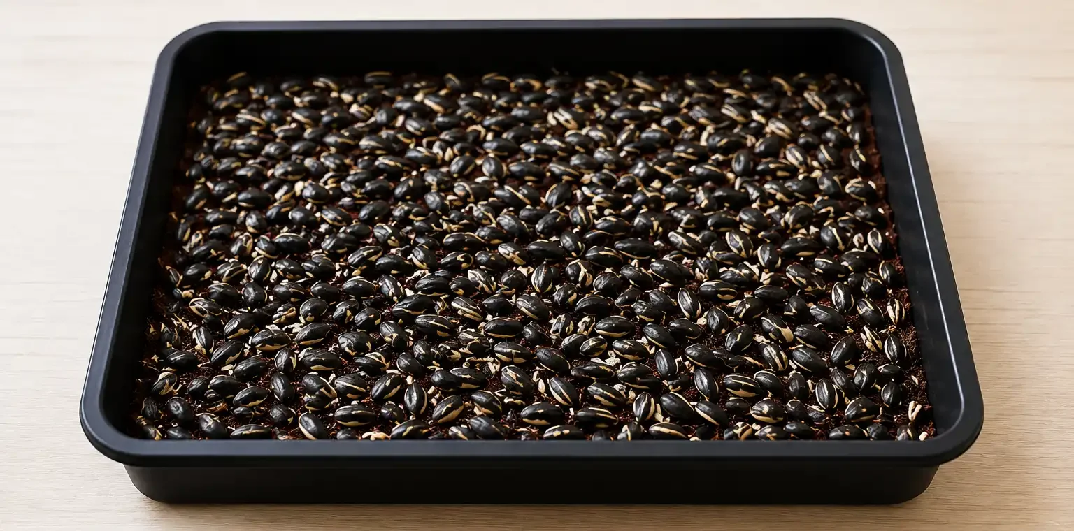 Tray filled with black sesame seeds spread evenly as part of a sowing step in a guide, shown in a rectangular baking pan on a light surface and labeled '4'.