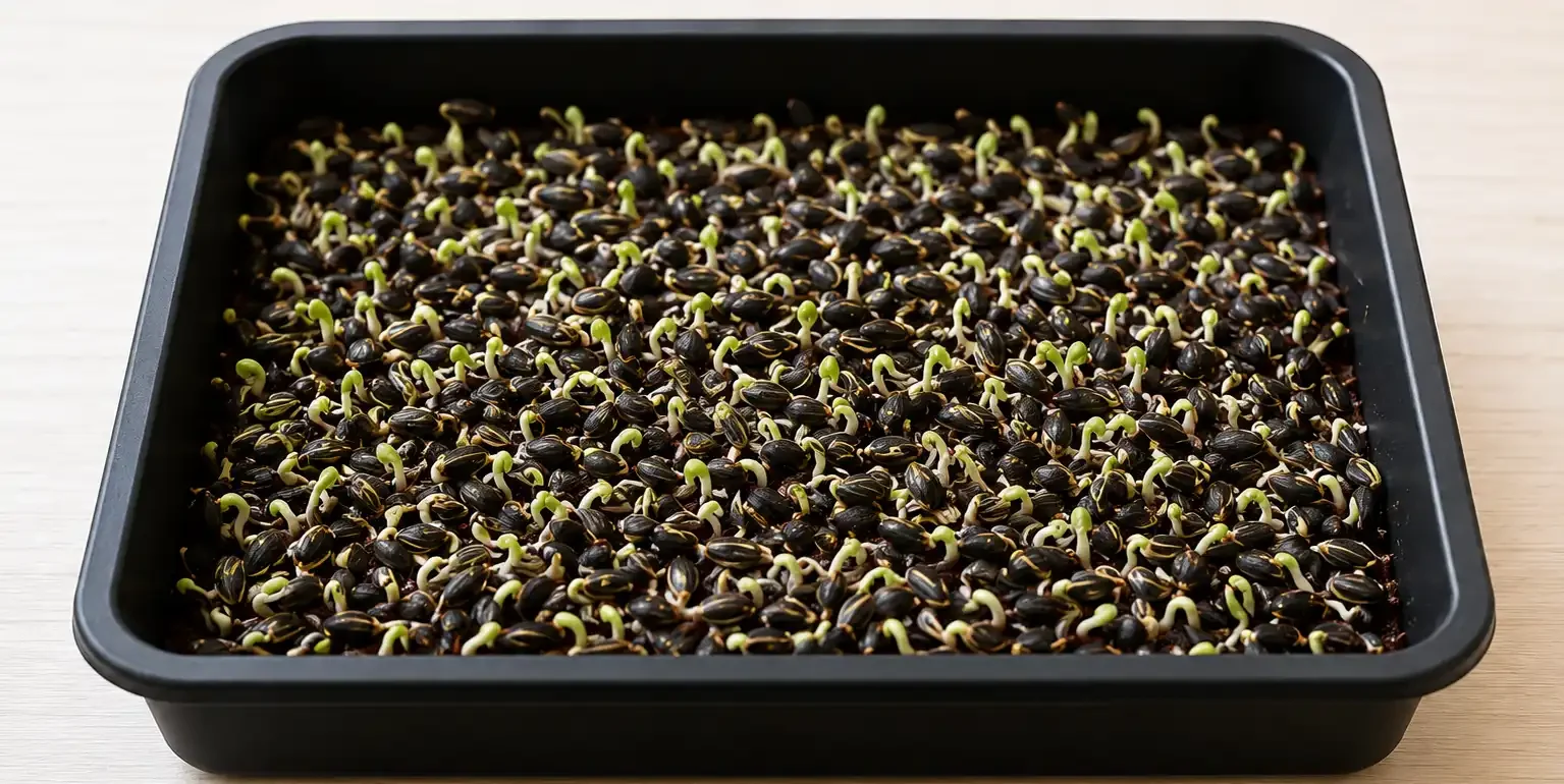 Tray filled with sprouting seeds (microgreens) showing numerous green shoots emerging from dark seeds.