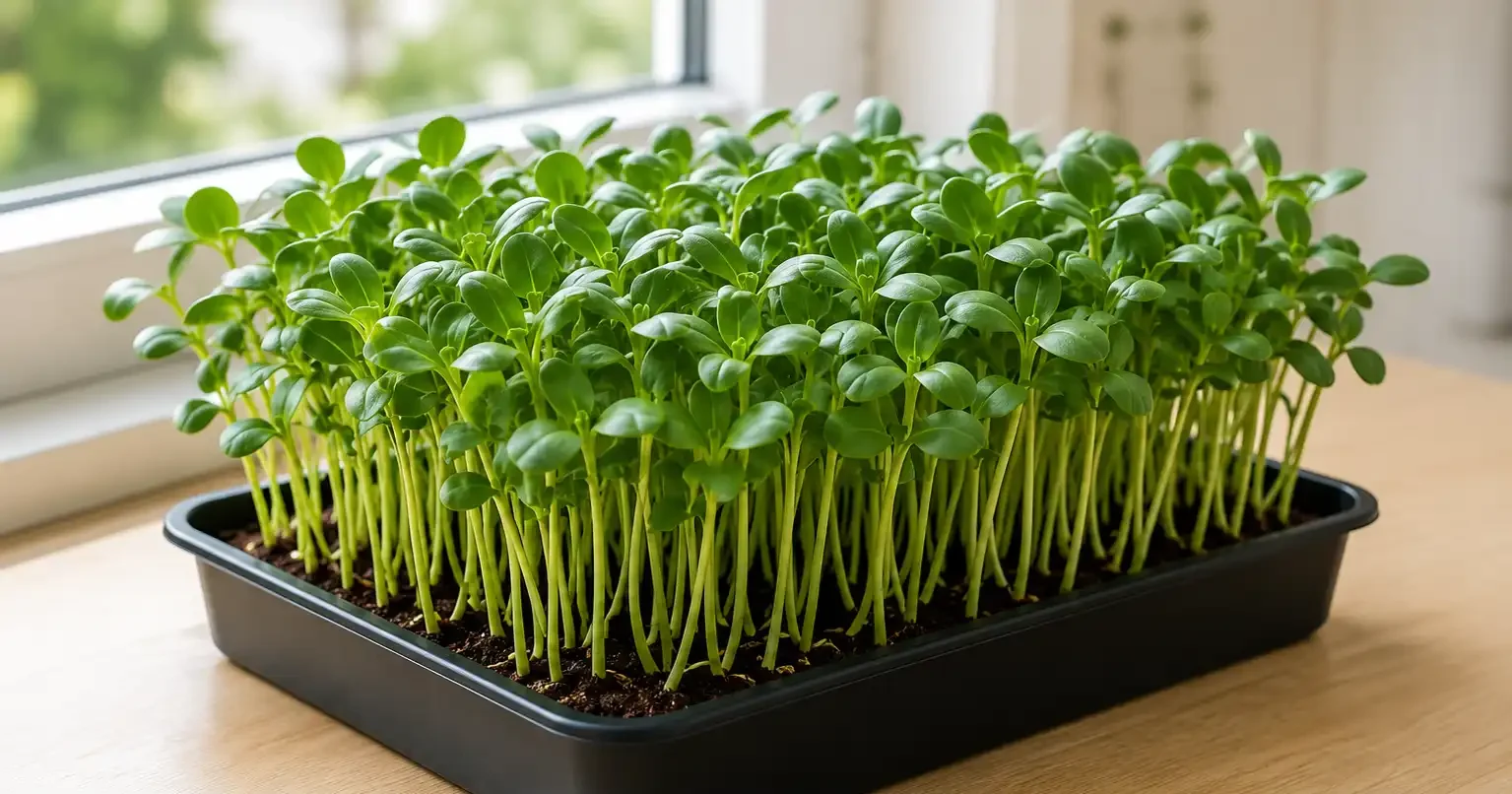 Tray of green sprouts in a black plastic seedling tray placed on a table by a window; instruction text reads 'Expose to light' for growing microgreens.
