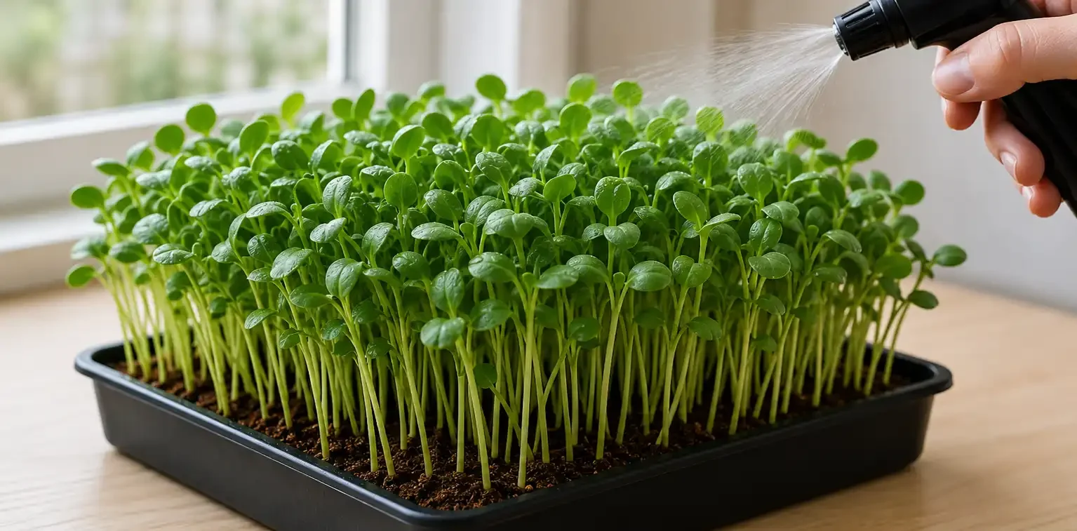 Tray of young microgreens in a black seedling tray being misted with a spray bottle held by a hand.